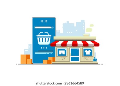 Concepto de tienda de compras en línea, Comprar móvil en sitio web, Ilustración de marketing digital.