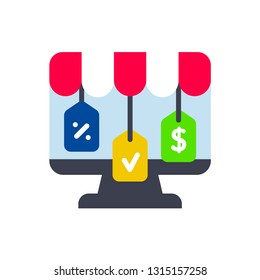 Online shopping and store concept. Open pc with screen buy. Flat style, vector illustration. - Vector
