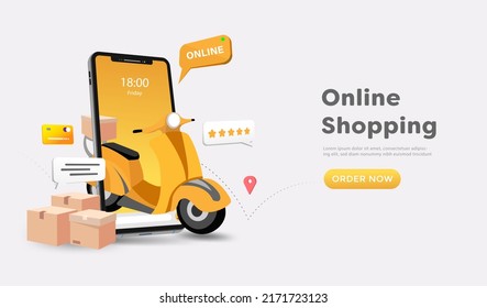 Online shopping store and Delivery on website and mobile phone design. Smart business marketing concept. Horizontal view. Vector Illustration