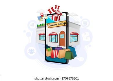 Online shopping store easy from phone showing shopping bags in front of store