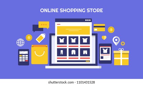 Online Shopping Store - eCommerce Website - Online marketplace flat vector illustration with icons