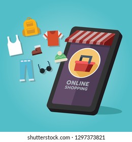 Online shopping store, fashion goods. On mobile screen, buy process, online shopping concept. Vector illustration
