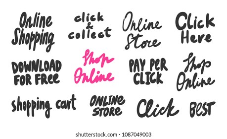 Online shopping, store, here, pay per click. Sticker for social media content. Vector hand drawn illustration design. Bubble pop art comic style poster, t shirt print, post card, video blog cover