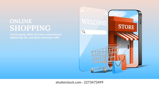 Online shopping store inside smartphone with shopping cart and bags 3d vector
