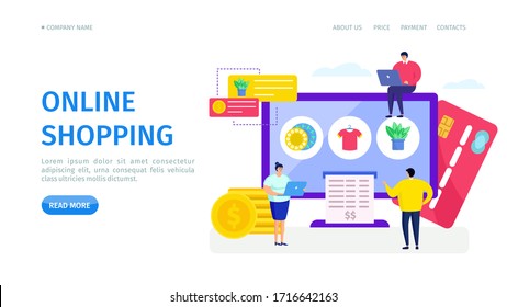 Online shopping store landing, vector illustration. Internet purchase application on computer, product icon on screen. Man and woman client get check, online payment by bank card, webpage.