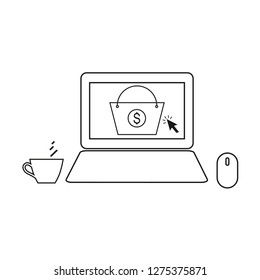 Online shopping. Online store. Laptop, computer mouse, cup of coffee. The shopping basket on the screen of computer. 