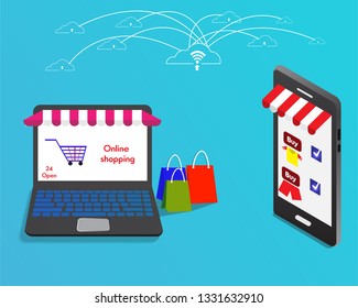 online shopping store with laptop connect  to smart phone by internet and networking vector illustration template background 