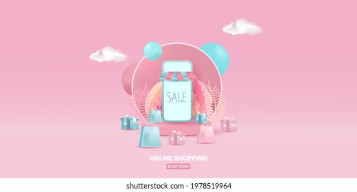 
Online shopping store with mobile application digital marketing and sale banner background