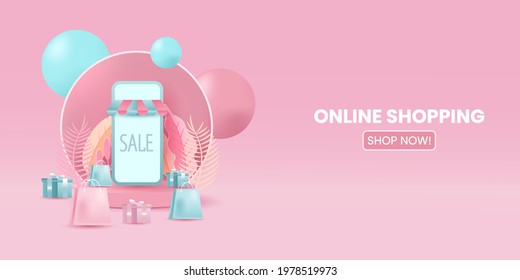 
Online shopping store with mobile application digital marketing and sale banner background