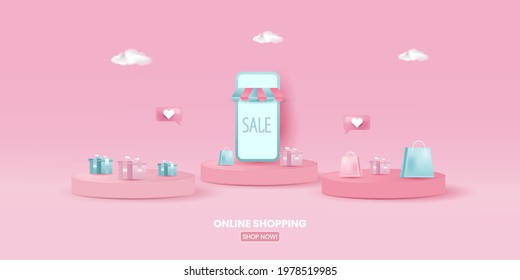 
Online shopping store with mobile application digital marketing and sale banner background