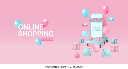 
Online shopping store with mobile application digital marketing and sale banner background