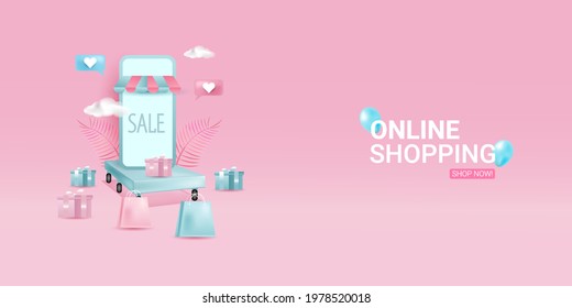 
Online shopping store with mobile application digital marketing and sale banner background
