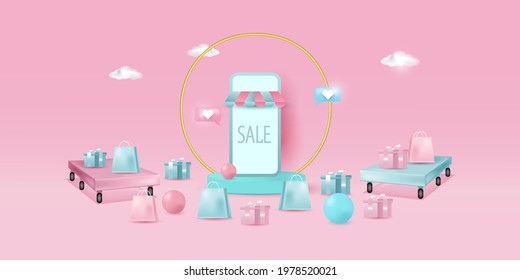 
Online shopping store with mobile application digital marketing and sale banner background