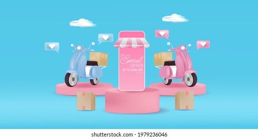 
Online shopping store with mobile application digital marketing and sale banner background