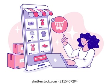 Online shopping store with mobile application. Digital Marketing. online store promotion. logistics package delivery. Creative landing page design template. Vector outline illustration.