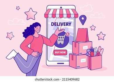Tienda de compras en línea con aplicación móvil. Marketing digital. promoción de tienda en línea. entrega de paquetes logísticos. Plantilla de diseño de página de inicio creativa. Ilustración del contorno del vector.