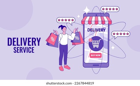 Online shopping store with mobile application. Digital Marketing. online store promotion. logistics package delivery. Creative landing page design template. Vector outline illustration.