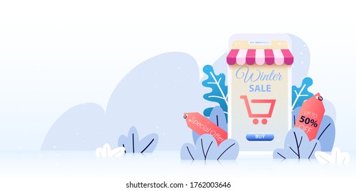 Tienda de compras en línea con aplicación móvil.Venta de invierno, Feliz Navidad y feliz fondo de banner de año nuevo.