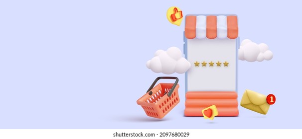 Online shopping store with mobile, shopping cart, mail, clouds in 3d realistic style. Vector illustration