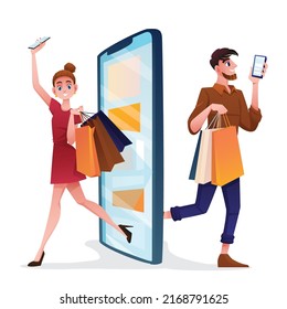 Online shopping store with mobile concept. chat message, delivery, 24 hours service. E-commerce, shopping and delivery 