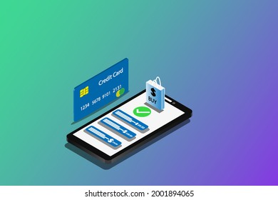 Online Shopping. Online shopping store with mobile , credit cards and shop elements. Modern flat design concept of web page design for website and mobile website. Easy to edit and Digital marketing.