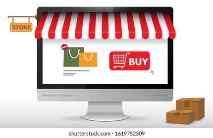 Online Shopping Store on Computer Monitor Screen. E-Commerce and Digital Marketing Concept Vector Illustration. 