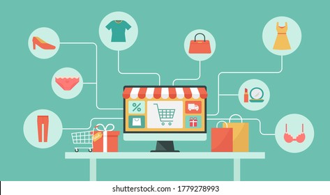 Online-Shopping-Shop über Computerkonzept, Frauenmode-Produkte aus E-Shop, flache Vektorgrafik