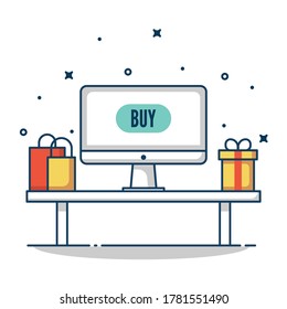 Online-Shopping-Shop über Computerkonzept. flache Vektorgrafik.