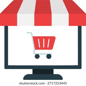 Tienda de compras en línea en el ícono del monitor de la computadora, Vector mínimo plano