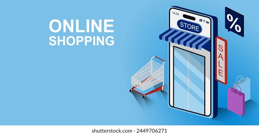 Online shopping store on mobile phone design. Smart business marketing concept. Digital marketing technology solution for online business. Store digital platforms via social media.
