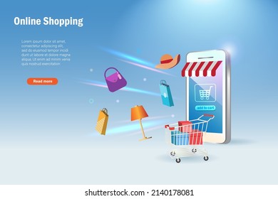 Online Shopping. Online Store On Smart Phone App With Shopping Cart, Gift Box And Shopping Bags.  E Commerce, Retail Business Technology And Delivery Service.