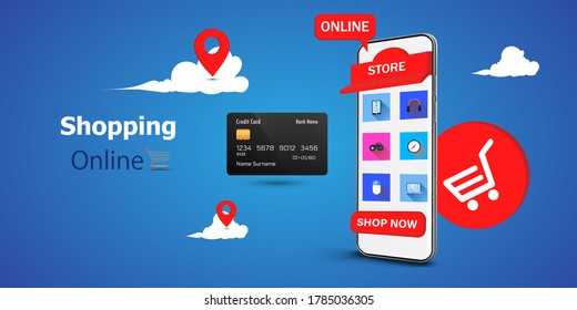 Online shopping store on website and mobile phone design. Smart business marketing concept. Horizontal view. Vector Illustration