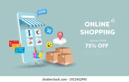 Online shopping store on website and mobile phone design. Smart business marketing concept. Horizontal view. Vector Illustration
