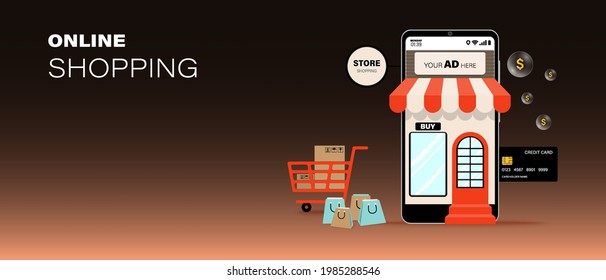 Online shopping store on website and mobile application vector. Digital marketing concept. Smartphone with credit card, money, bag and box.