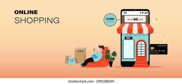 Online shopping store on website and mobile application vector. Digital marketing concept. Smartphone with credit card and money. Happy man doing onling shopping at home.