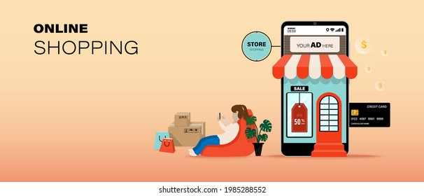 Online shopping store on website and mobile application vector. Digital marketing concept. Smartphone with credit card and money. Happy woman doing onling shopping at home.