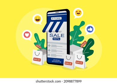 Online shopping store on website and mobile phone design. Smart business marketing concept. Digital marketing technology solution for online business. Store digital platforms via social media.