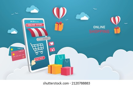 Online shopping store on website E-commerce or mobile phone applications and digital marketing promotion. Online store view with gift boxes, shopping carts and credit cards. Vector illustration.