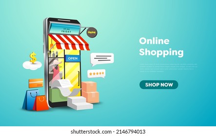 Online shopping store on website and mobile phone design. Smart business marketing concept. Horizontal view. Vector Illustration