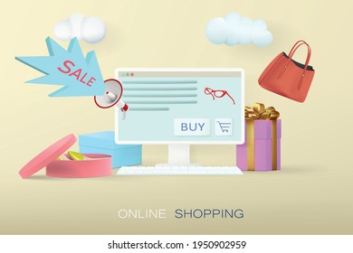 Online shopping store on your home computer. Web banner with realistic screen, packing and gift boxes and bags on yellow background.