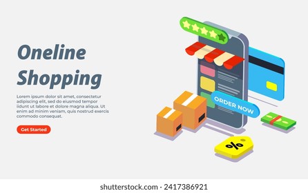 Online shopping, Online store, order online, e-commerce 3d isometric banner template design for website header, landing page