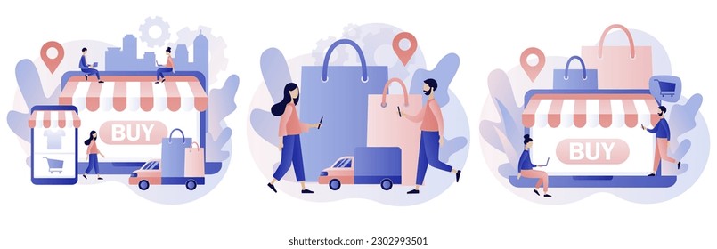 Online shopping store. Sale, product order and delivery of goods. Business marketing. Modern flat cartoon style. Vector illustration on white background
