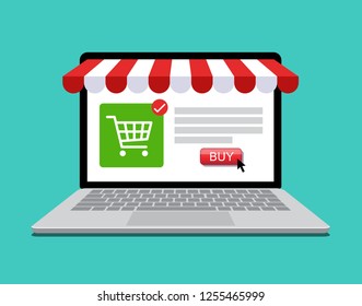 Online shopping store shop on laptop screen, E-Commerce business marketing concept, Flat design vector illustration