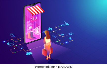 Online Shopping store in smartphone with multiple services and woman shop online on shiny blue background.