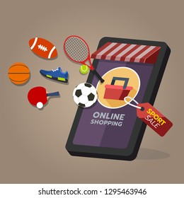 Online shopping store, sport equipment order. On mobile screen, buying process, online shopping concept. Vector illustration
