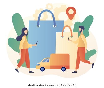 Online shopping store. Tiny people place orders on Internet. Sale, product order and delivery of goods. Business marketing. Modern flat cartoon style. Vector illustration on white background