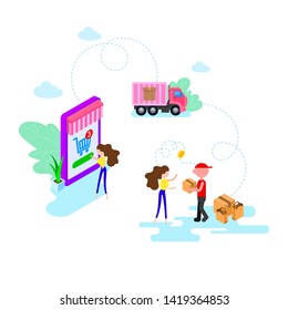 Online shopping in the online store via a mobile smartphone application. Flat style modern. Bright vector illustration.