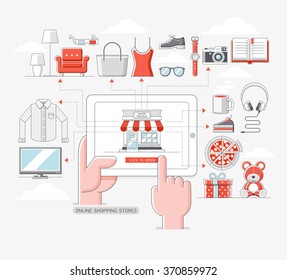 Online shopping stores concept. Vector illustration.