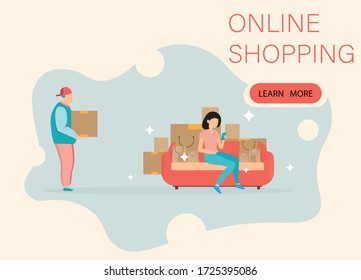 Online shopping style. New normal after this flu. Girl sitting on the sofa with shopping bags. A man delivery new box. Illustration.