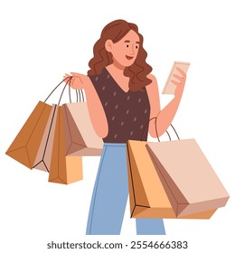 Online shopping. Stylish girl looking at phone and holding shopping bags.woman carrying bags shopping online with mobile phone